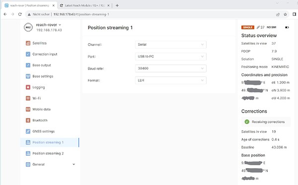 Reach-rover RS2_Position streaming 1_USB to PC