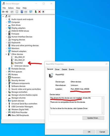 Device Manager shows Reach RS2 in other devices with yellow warning triangle